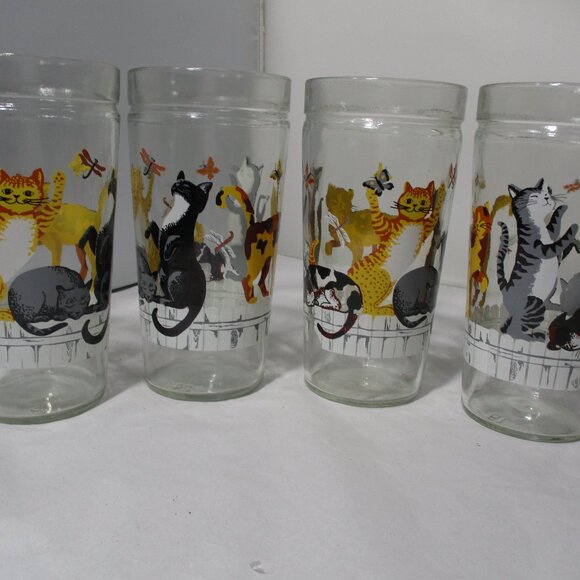 Set of 4 Anchor Hocking Cats on a Fence Playful Kittens Glass Drinking Cups - Picture 4 of 12